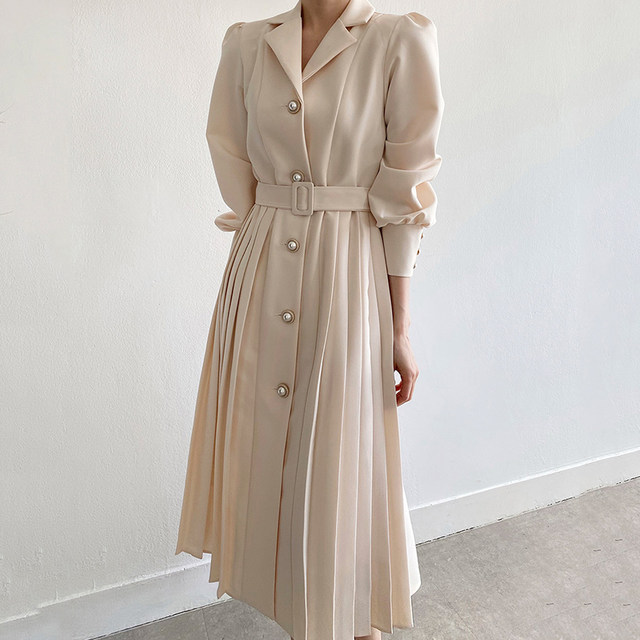 Korean chic autumn temperament elegant lapel single-row pearl buckle strap waist long-sleeved pleated suit dress