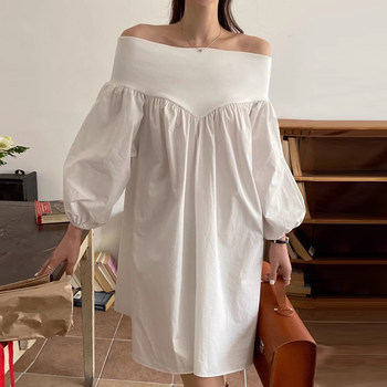 Korean chic spring French style one-line neckline off-shoulder loose puff sleeves petite dress short skirt for women