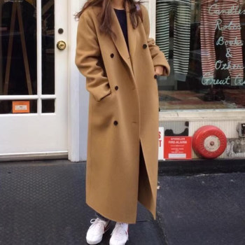 Double-breasted loose casual long woolen coat