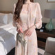 Korean chic spring elegant temperament tie-up V-neck waist slimming puff sleeve floral chiffon dress long skirt