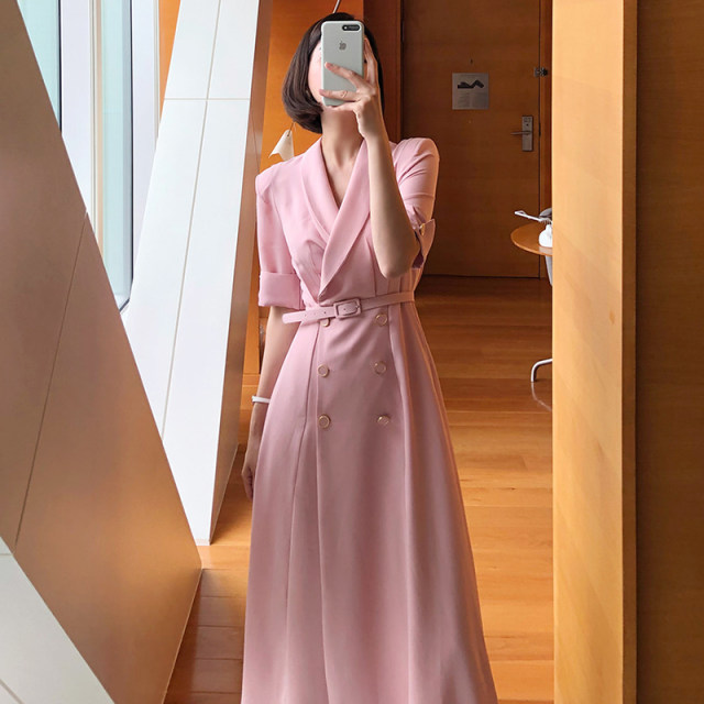 Korean chic summer elegant light cooked style lapel double-breasted slim fit over the knee long dress with belt women