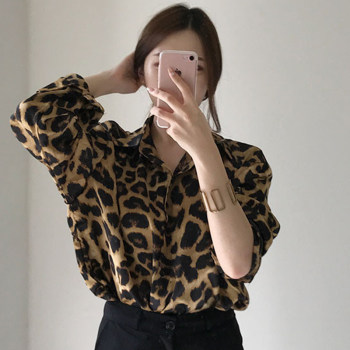 Korean chic autumn retro leopard print lapel single-breasted loose casual all-match long-sleeved shirt top women