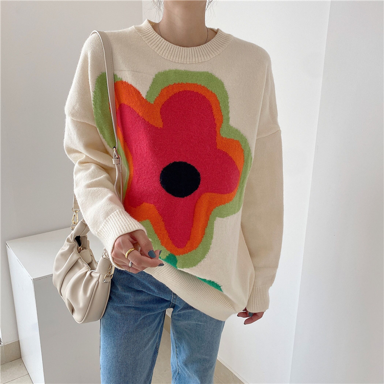 Round Neck Long-Sleeved Pullover Large Flowers Loose Sweater NSSX73207