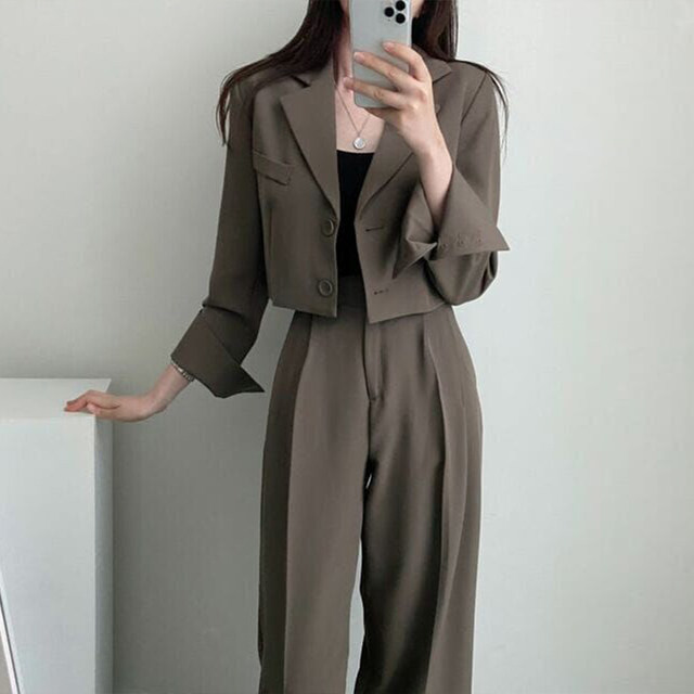 Korean chic retro lapel two button loose suit short jacket + high waist wide leg trousers trousers suit female