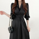 Korean chic early spring French elegant lapel cross tie waist puff sleeve shirt dress long skirt female