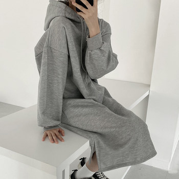 Korean chic autumn and winter simple and lazy wind drawstring hooded long puff sleeve slit plus velvet sweater dress women