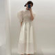 Korean chic French retro temperament stand-up collar pleated waist slimming design puff sleeve long dress women