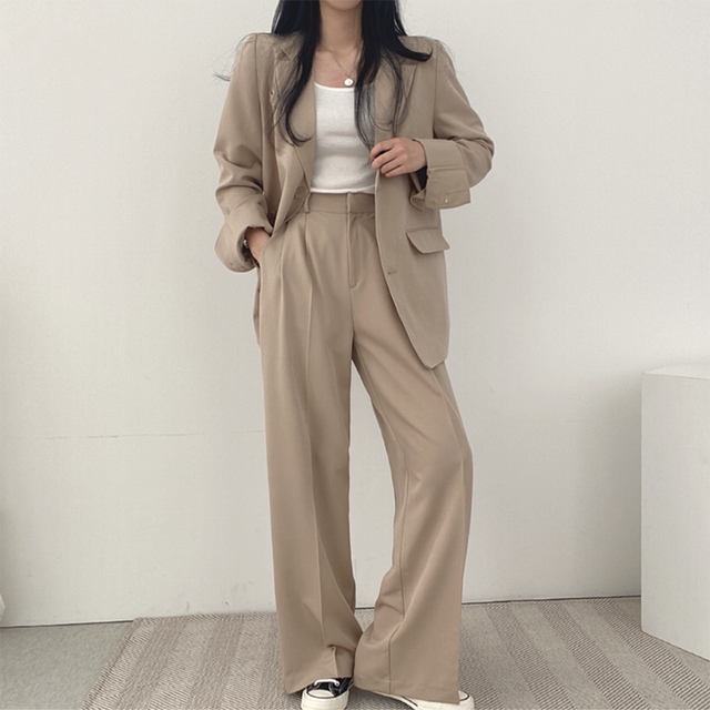 Korean chic spring casual lapel two-button suit jacket + high waist drape wide-leg trousers and trousers