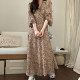 Korean chic spring French elegant V-neck full-screen floral design slim waist puff sleeve long dress