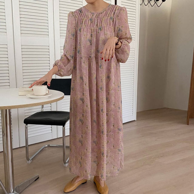 Korean chic autumn French gentle round neck pleated design loose casual long-sleeved floral chiffon dress