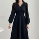 Liangliangjia Camellia Girl~Simple cross V-neck tie waist puff sleeves pleated mid-length dress for women