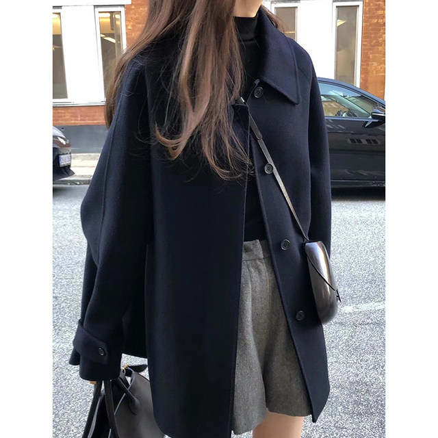 Loose mid-length versatile solid color long-sleeved woolen jacket