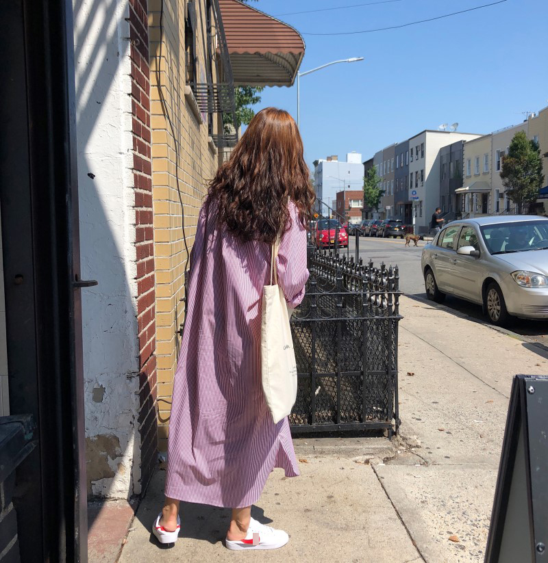 Hàn Quốc chic hoang dã nhỏ tươi sọc cổ áo Polo đơn áo ngực oversize dài áo nữ - Sản phẩm HOT váy xòe đẹp