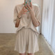 Korean chic summer simple round neck pullover thin sweater + high waist loose wide leg casual shorts suit