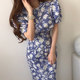 Korean chic summer elegant simple round neck contrast color stitching lace hook flower puff sleeve floral dress female