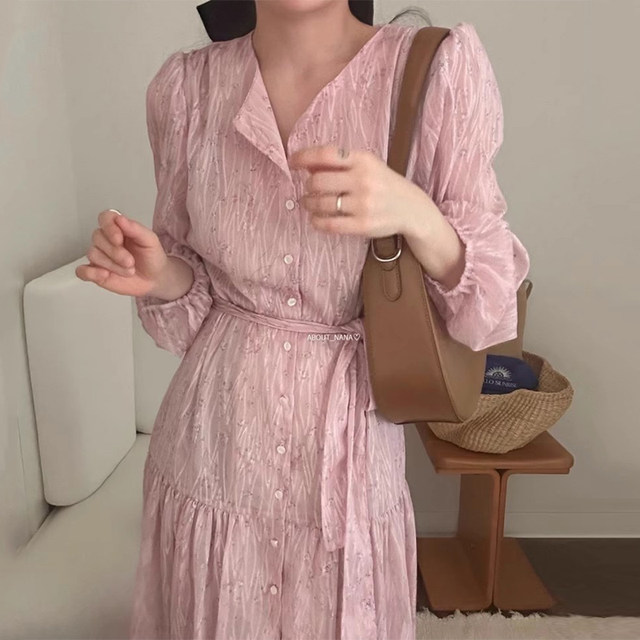 Korean chic spring gentle and sweet style V-neck single-breasted lace-up waist slimming long-sleeved floral dress for women