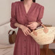 Korean chic spring retro temperament V-neck single-breasted solid color high-waist slim puff-sleeve dress long skirt for women