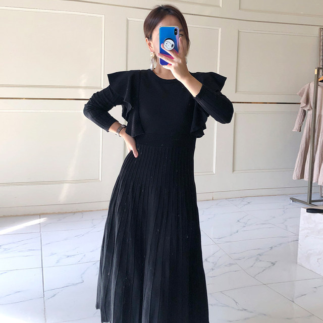 Korean chic autumn French retro round neck ruffled stitching tie waist long sleeves pleated knitted dress
