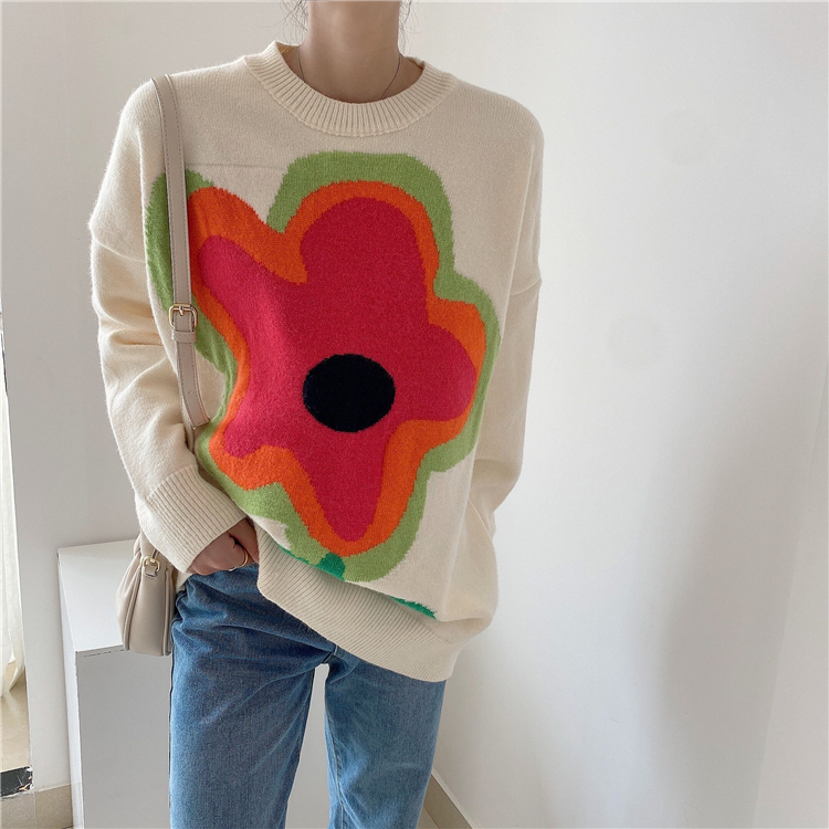 Round Neck Long-Sleeved Pullover Large Flowers Loose Sweater NSSX73207