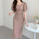 Korean chic summer elegant temperament square collar exposed clavicle slim slim puff sleeves bag hip dress long skirt female