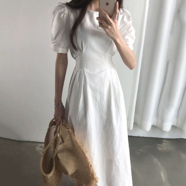 Korean chic niche French round neck solid color waist slimming pleated puff sleeves large swing dress long skirt for women