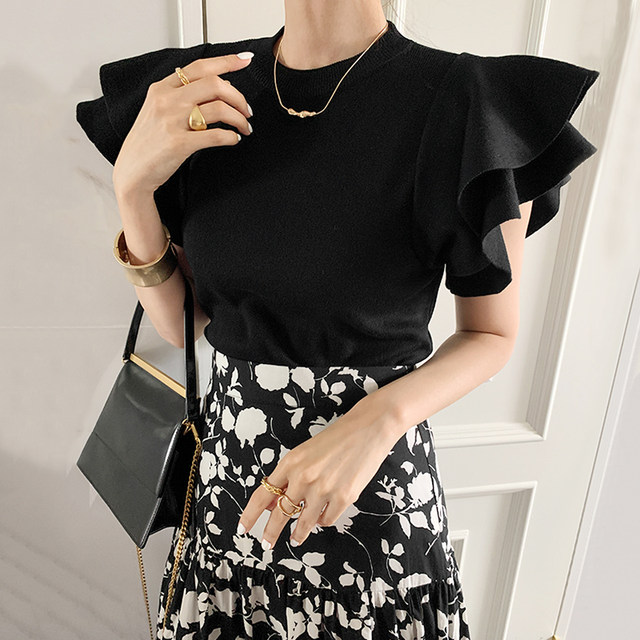 Korean chic temperament round neck double layer lotus leaf flying sleeve T-shirt + high waist flower skirt long skirt suit female