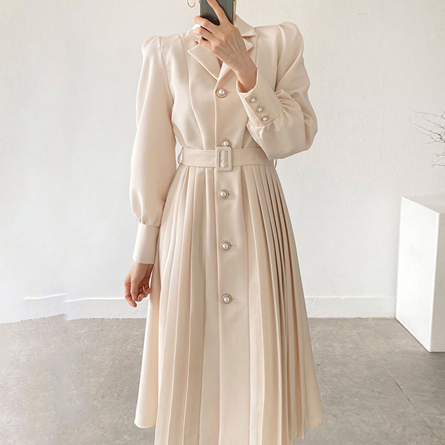 Korean chic autumn temperament elegant lapel single-row pearl buckle strap waist long-sleeved pleated suit dress