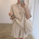 Korean chic summer simple round neck pullover thin sweater + high waist loose wide leg casual shorts suit