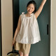 Korean chic all-match open line design bow shoulder strap sleeveless shirt + high waist loose slit casual pants women