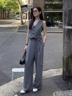 Корея chic лето ниша дикий краткое модель жилет жилет + талия кружево драпировка широкие ноги случайный 𫔮 брюки костюм