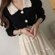 Korean chic retro lapel chic button sweater + high waist lace crochet stitching mesh skirt women