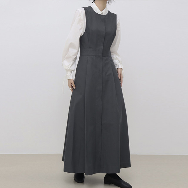 Korean chic autumn simple lapel strapped puff sleeve shirt + pleated strap dress long skirt suit female