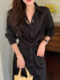 Korean chic French elegant lapel single-breasted cross straps waist long lantern sleeve shirt dress