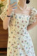 Korean chic summer French simple square collar exposed collarbone waist was thin puff sleeves floral dress long skirt women