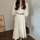 Korean chic retro temperament V-neck lace hollow crochet single-breasted puff-sleeve dress skirt long with belt