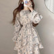 Korean chic spring French romantic small floral round neck tie waist layer cake dress long skirt female