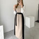 Korean chic autumn and winter retro niche round neck color contrast stitching fake two-piece tie waist long-sleeved knitted dress