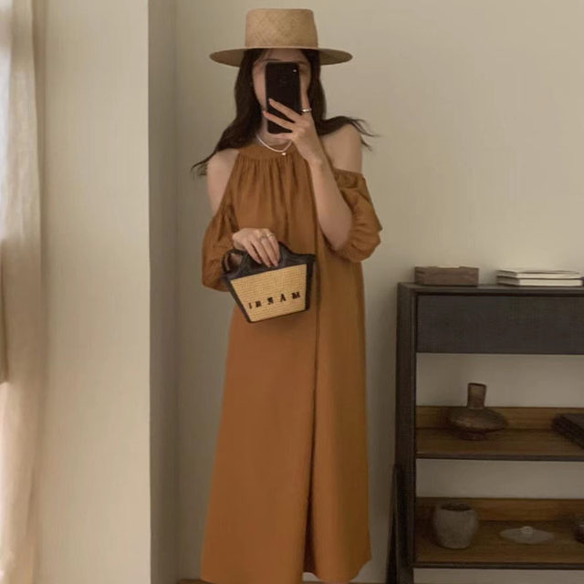 Korean chic summer retro temperament round neck off-shoulder design over the knee long pleated lantern sleeve dress female