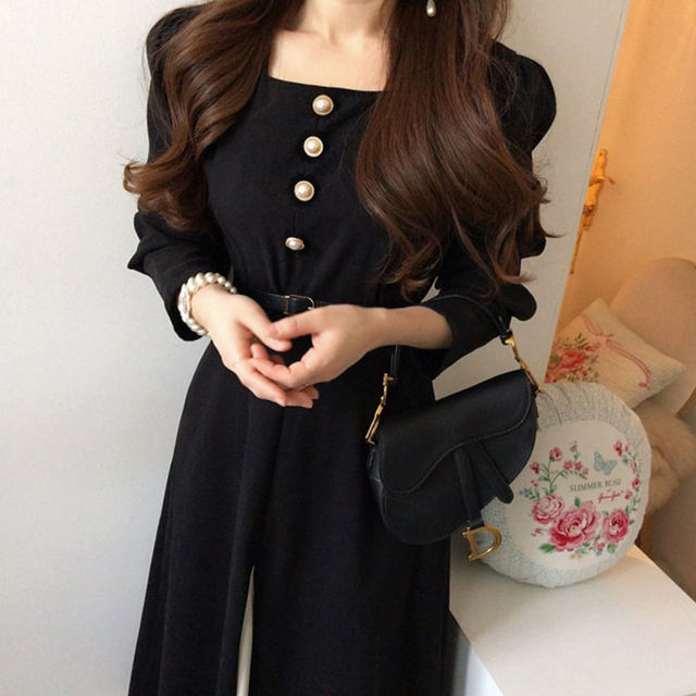 Korean chic autumn new retro square collar exposed collarbone contrast stitching fake two-piece dress with belt for women