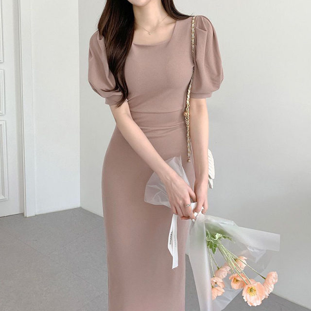 Korean chic summer elegant temperament square collar exposed clavicle slim slim puff sleeves bag hip dress long skirt female