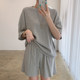 Korean chic summer simple round neck pullover thin sweater + high waist loose wide leg casual shorts suit