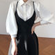 Korean chic French lapel single-breasted lantern sleeve shirt + back bow large swing type suspender dress