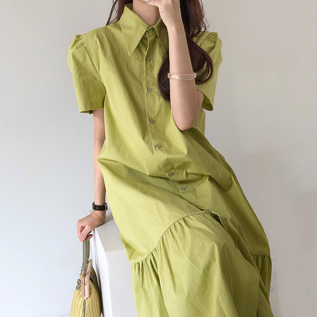 Korean chic summer French pointed collar single-breasted loose puff sleeves casual over-the-knee fishtail dress female