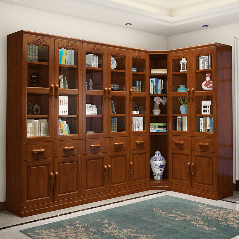 Solid wood bookcase free combination with bookshelf Glass door integration simple Chinese style 5 doors 2 doors office bookshelf storage