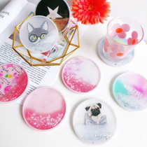Net Red Cherry Blossom Stream Sand Cup Mat Creative Round Pink Rainbow Thermal Insulation Cup Mat Shiny Silicone Slip Mat Shake