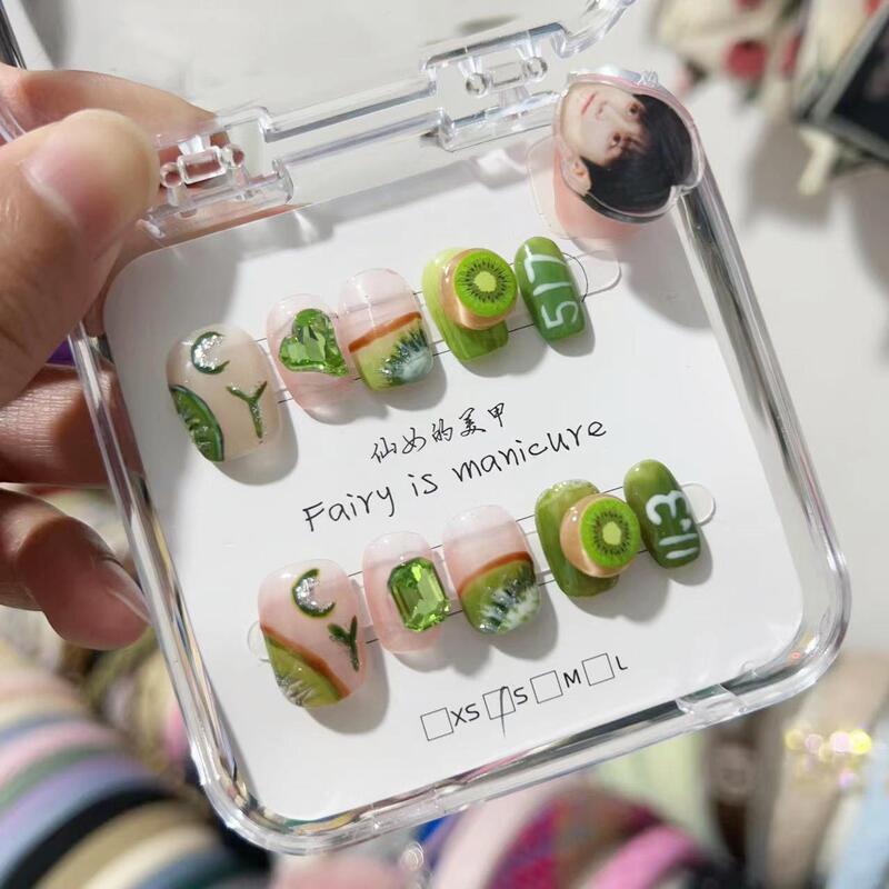 Cheng Yi's Support Color Kiwi Nail Art, Hand-Painted DIY Design Nail Pieces, Kiwi Fruit Handmade Green Manicure Cheng Yi's Support Color Kiwi Nail Art, Hand-Painted DIY Design Nail Pieces, Kiwi Fruit Handmade Green Manicure