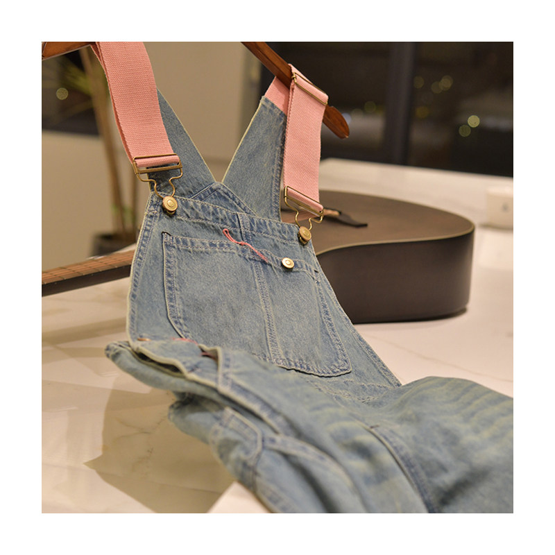 Denim playful, Western-style age-reducing washed denim pink suspenders wide-leg pants