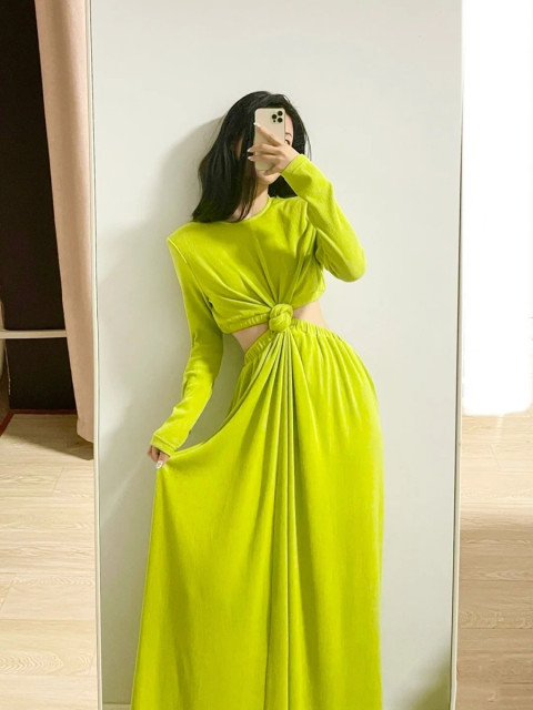 Zhao San fennel green white show waist dress women's 2022 early spring new design sense of small straight long skirt