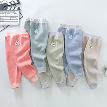 Baby plus velvet boneless pants boys and girls mid-waist warm belly protection pants middle and small childrens autumn and winter dual-use warm pants