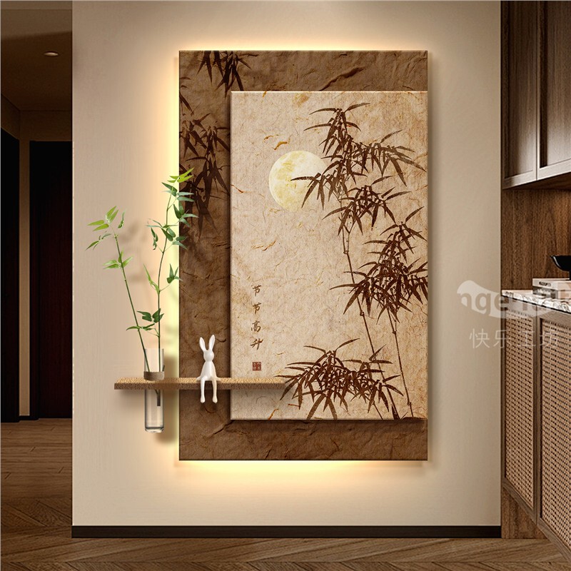 Bamboo Entrance Decorative Painting with a Vintage Style and High-End Feel, Corridor Wall Art, 2026 New Model, Wall Painting with Lights for the Entrance Door